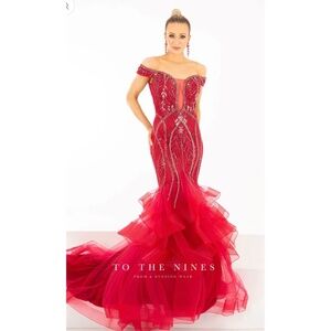 TNW614 MAKE AN OFFER burgundy off shoulder crystal detail prom pageant dress